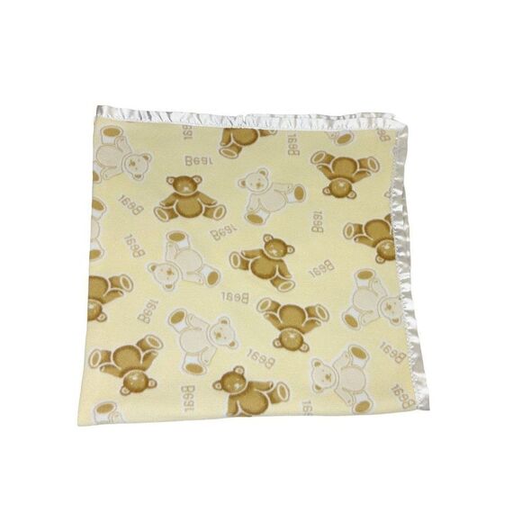 Vintage Bears Yellow Satin Trim Baby Blanket 47x 51 - Picture 1 of 5